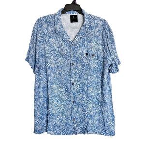 Mens Size 2XL Blue Short Sleeve Floral Hawaiian Button Down Shirt Luau Aloha